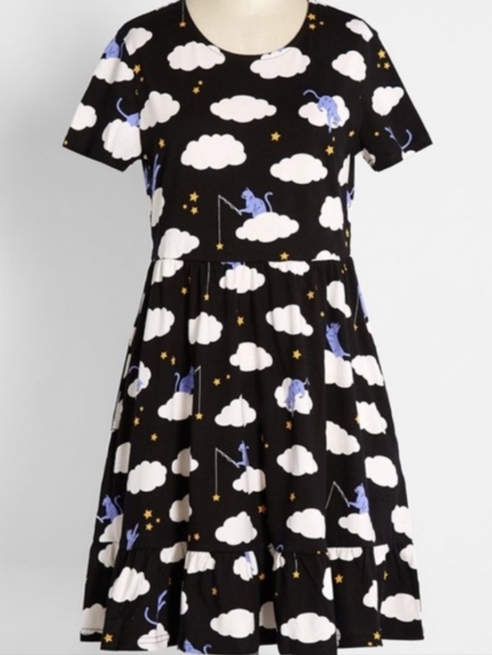 Modcloth Wishing On A Star Cat Clouds Novelty Print Babydoll Retro Cotton Dress